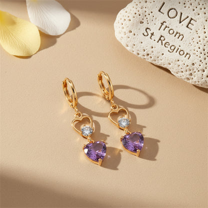 Purple Crystal & Cubic Zirconia 18K Gold-Plated Heart Dangle Earring