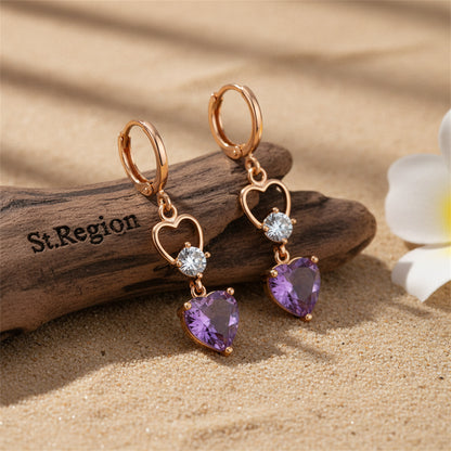Purple Crystal & Cubic Zirconia 18K Gold-Plated Heart Dangle Earring