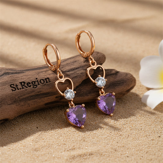 Purple Crystal & Cubic Zirconia 18K Gold-Plated Heart Dangle Earring