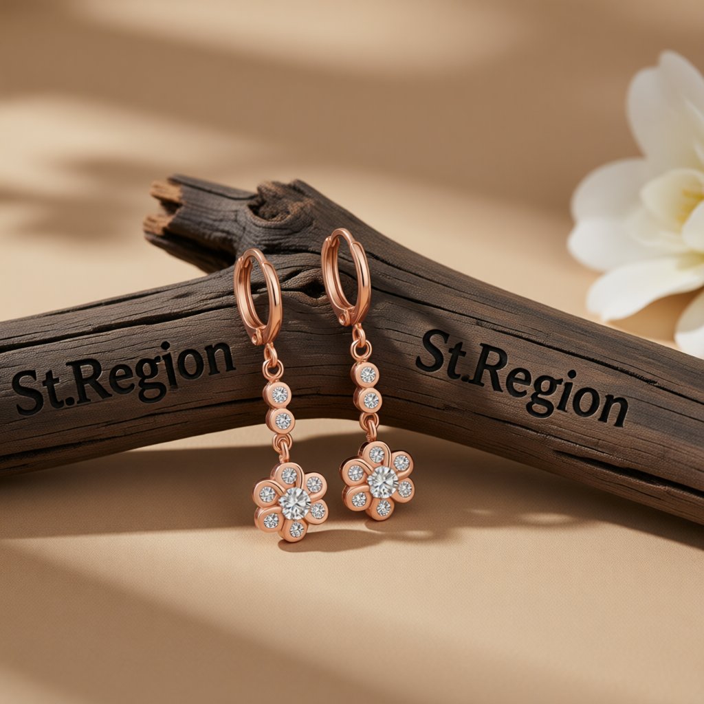Cubic Zirconia and 18K Rose Gold-Plated Flower Drop Earrings, rose gold huggie earrings, everyday style, front view