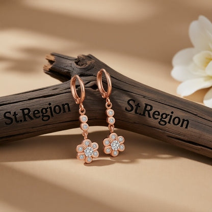 Cubic Zirconia and 18K Rose Gold-Plated Flower Drop Earrings, rose gold huggie earrings, everyday style, front view