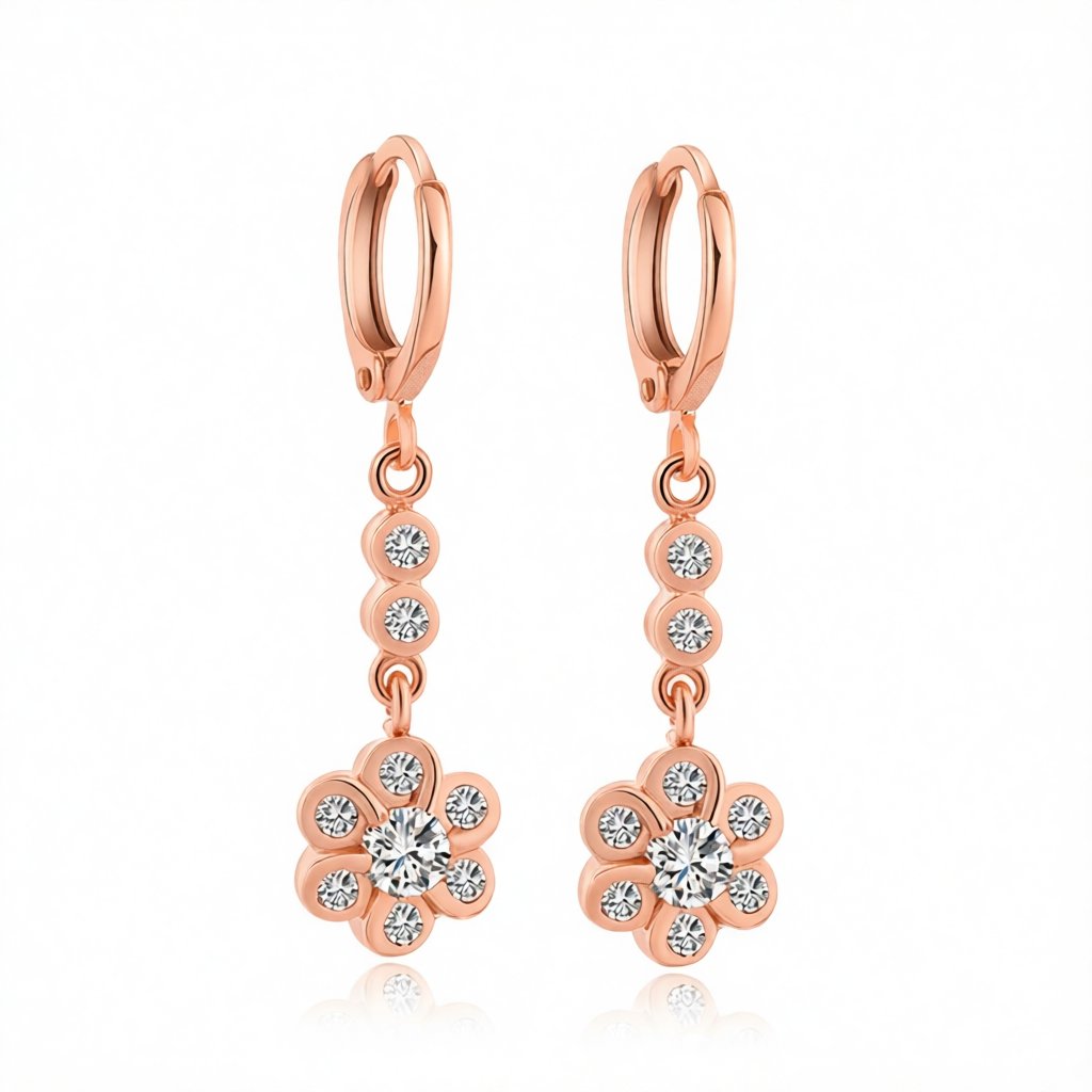 Cubic Zirconia and 18K Rose Gold-Plated Flower Drop Earrings, rose gold huggie earrings, everyday style, side view