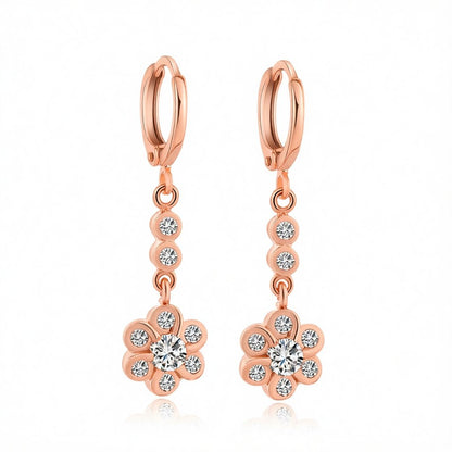 Cubic Zirconia and 18K Rose Gold-Plated Flower Drop Earrings, rose gold huggie earrings, everyday style, side view