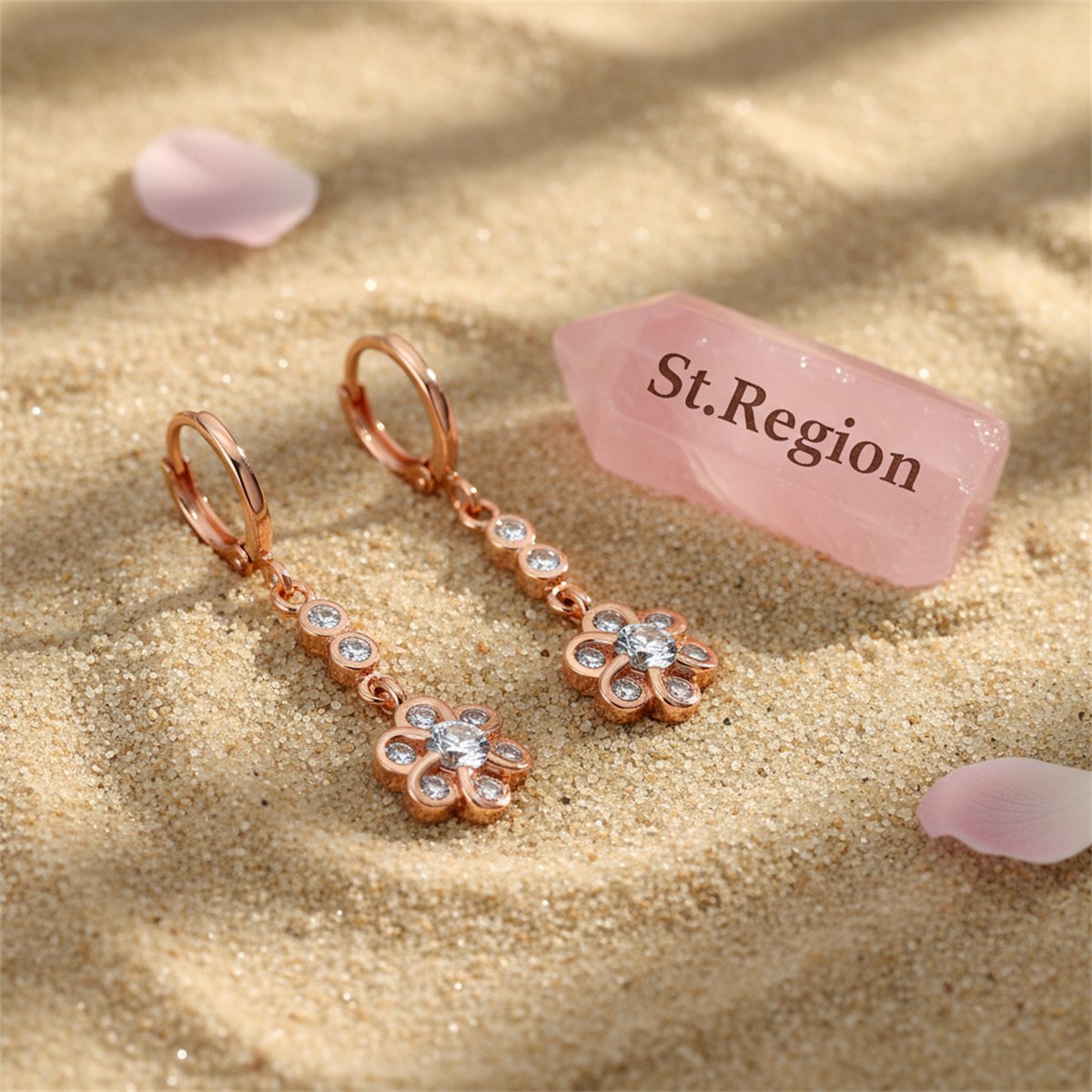 Cubic Zirconia and 18K Rose Gold-Plated Flower Drop Earrings, rose gold huggie earrings, everyday style, detail close-up