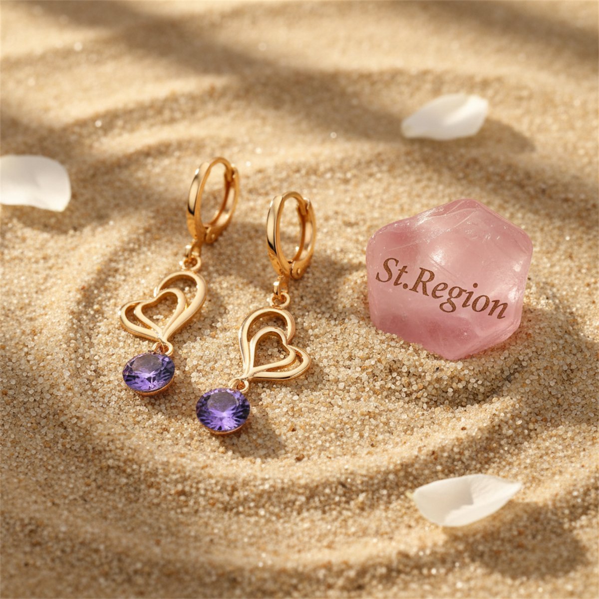 Purple Cubic Zirconia and 18K Gold-Plated Open Heart Drop Earrings, gold huggie earrings, botanical inspired, detail close-up