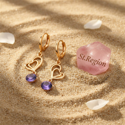 Purple Cubic Zirconia and 18K Gold-Plated Open Heart Drop Earrings, gold huggie earrings, botanical inspired, detail close-up