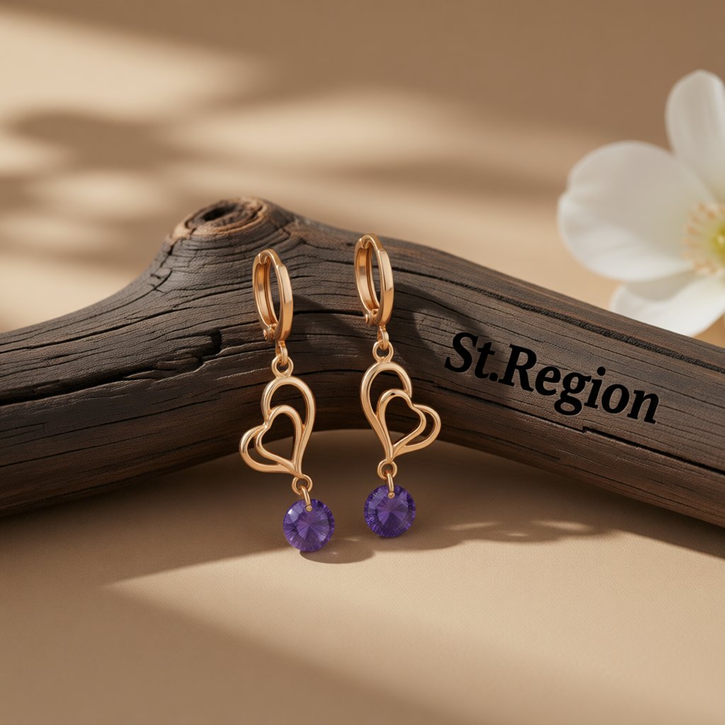 Purple Cubic Zirconia and 18K Gold-Plated Open Heart Drop Earrings, gold huggie earrings, botanical inspired, front view