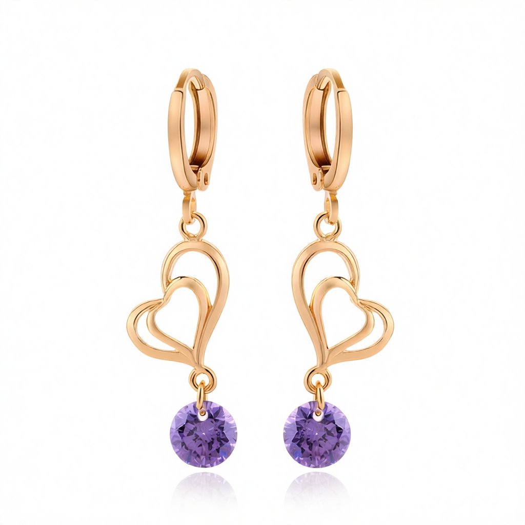Purple Cubic Zirconia and 18K Gold-Plated Open Heart Drop Earrings, gold huggie earrings, botanical inspired, side view