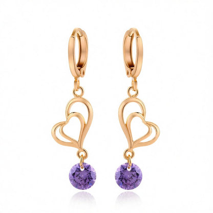 Purple Cubic Zirconia and 18K Gold-Plated Open Heart Drop Earrings, gold huggie earrings, botanical inspired, side view