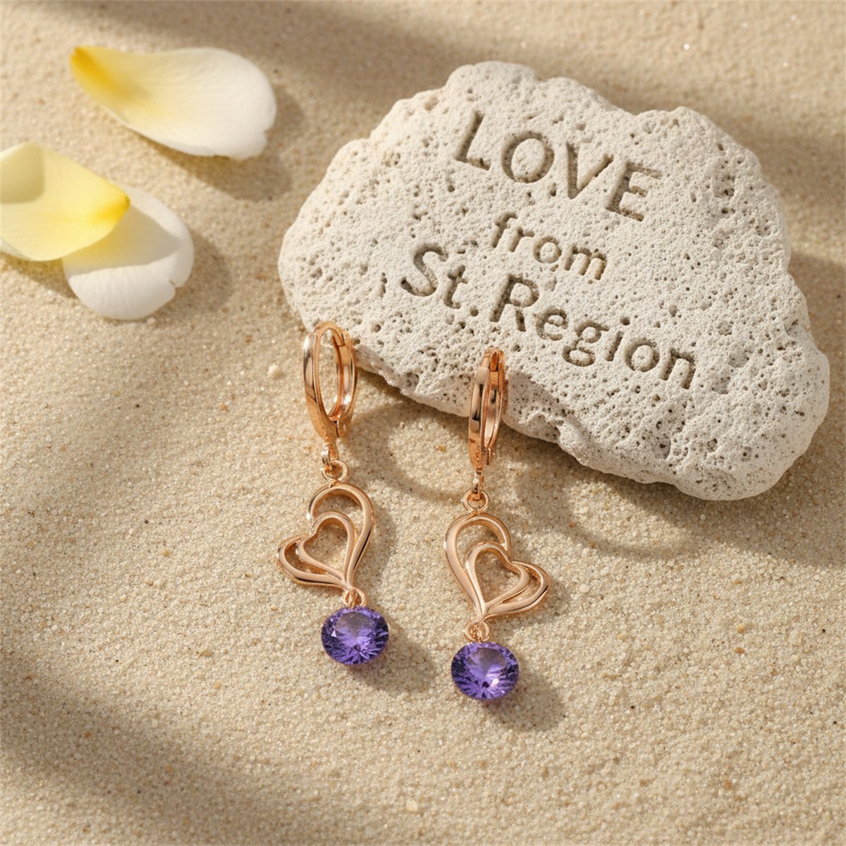 Purple Cubic Zirconia and 18K Gold-Plated Open Heart Drop Earrings, gold huggie earrings, botanical inspired, lifestyle look