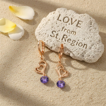 Purple Cubic Zirconia and 18K Gold-Plated Open Heart Drop Earrings, gold huggie earrings, botanical inspired, lifestyle look