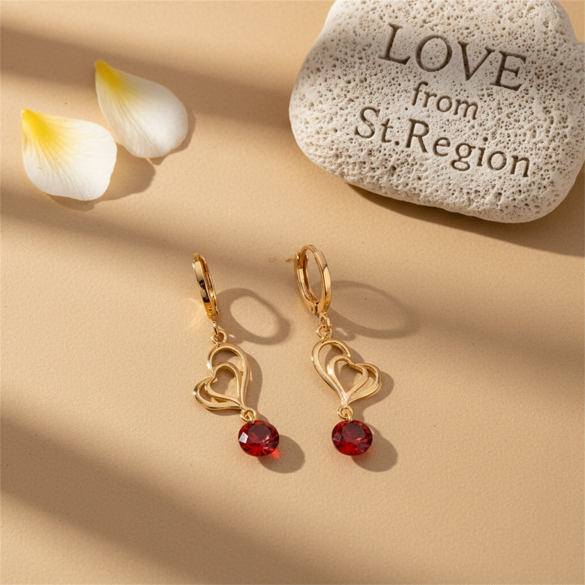 Red Cubic Zirconia & 18K Gold-Plated Open Heart Drop Earrings