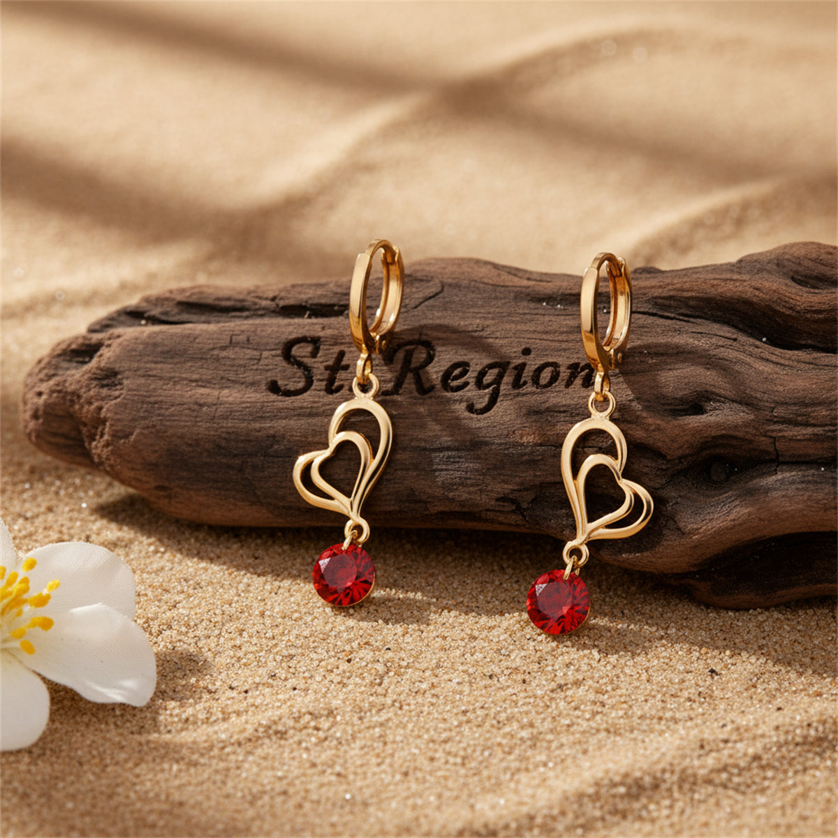 Red Cubic Zirconia & 18K Gold-Plated Open Heart Drop Earrings
