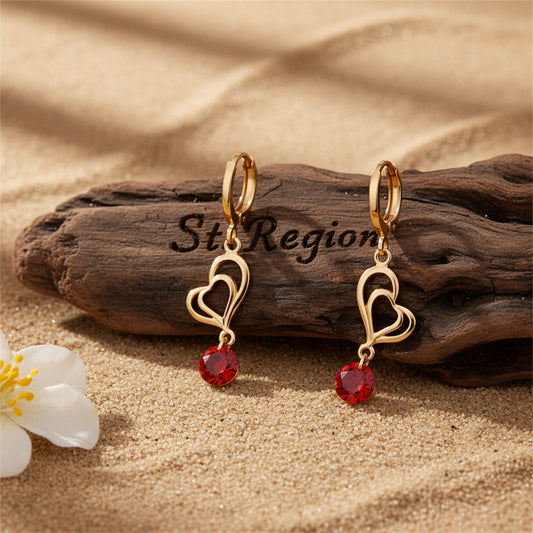 Red Cubic Zirconia & 18K Gold-Plated Open Heart Drop Earrings