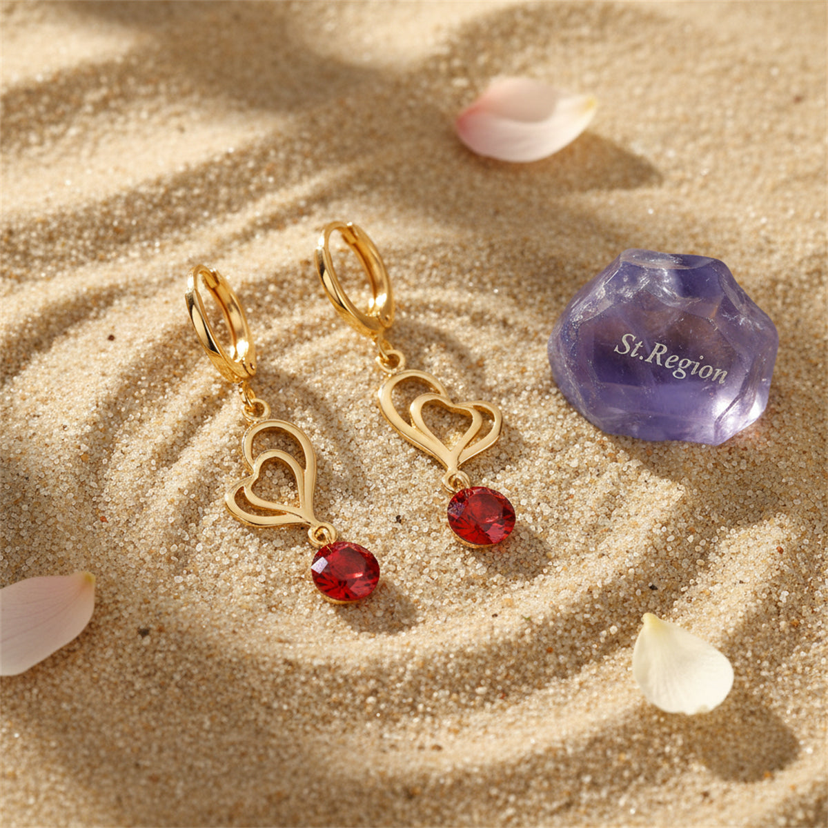 Red Cubic Zirconia & 18K Gold-Plated Open Heart Drop Earrings