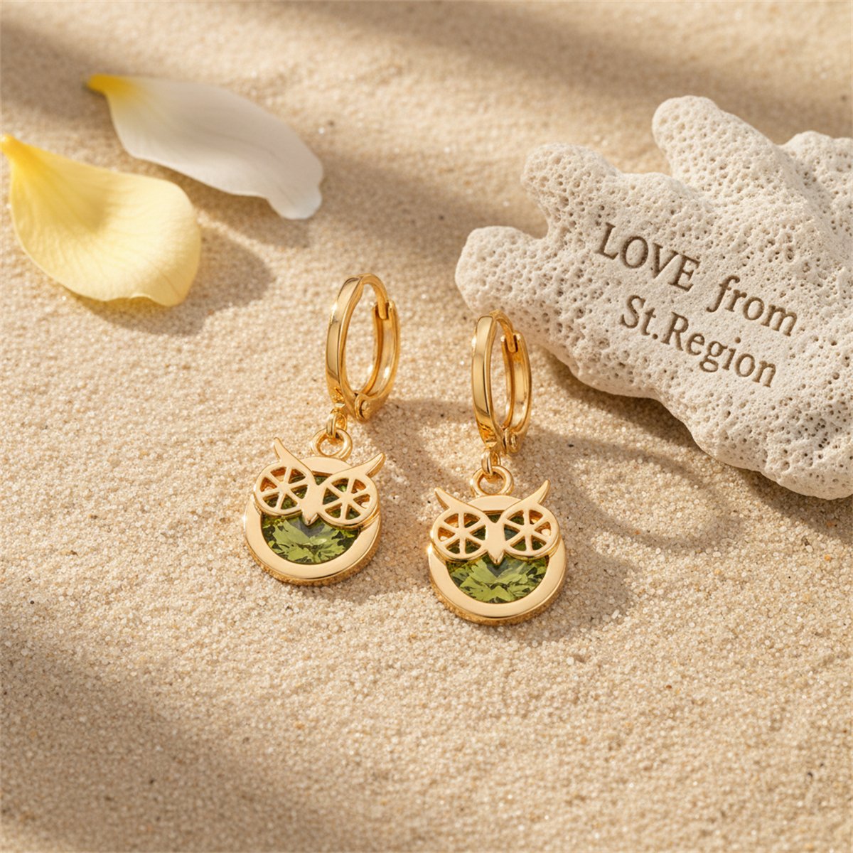 Green Cubic Zirconia and 18K Gold-Plated Owl Bezel Drop Earrings, gold huggie earrings, elegant gift for her, lifestyle look