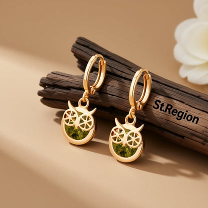 Green Cubic Zirconia and 18K Gold-Plated Owl Bezel Drop Earrings, gold huggie earrings, elegant gift for her, front view