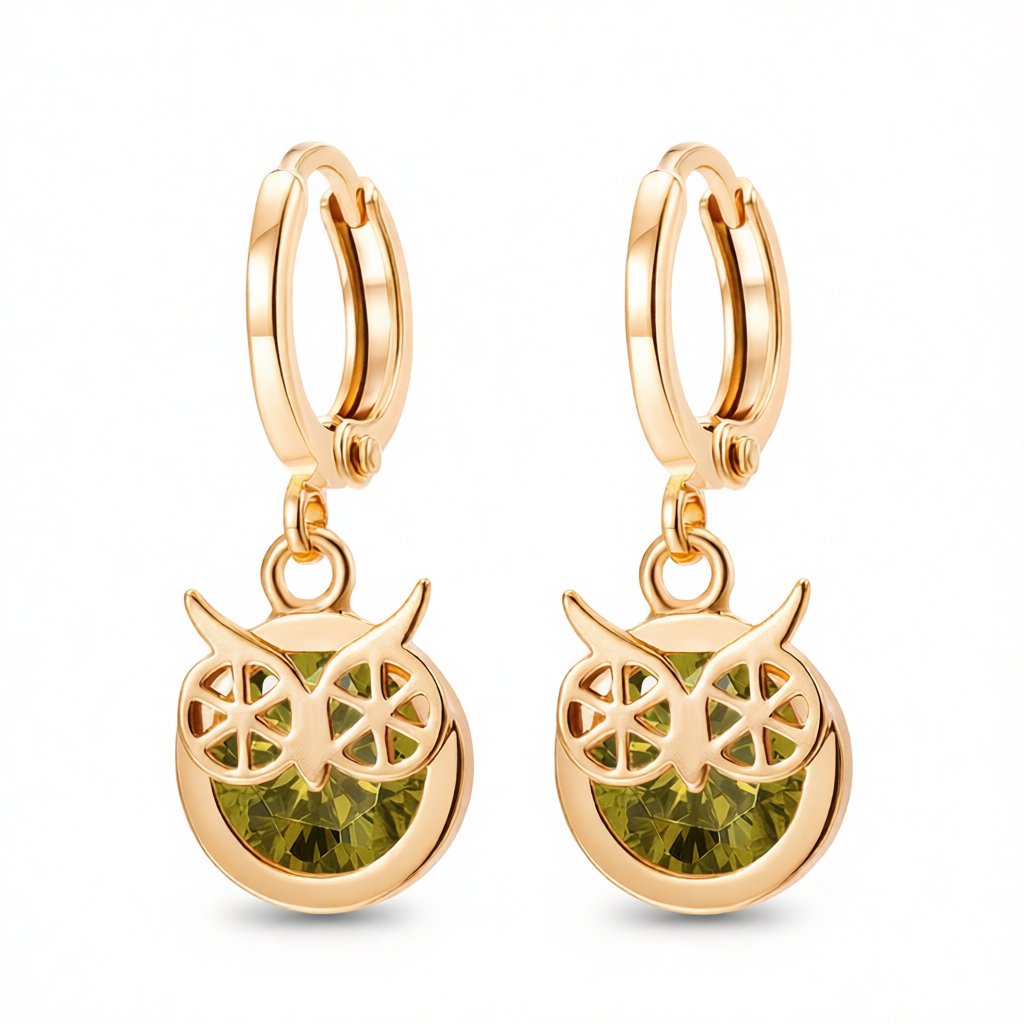 Green Cubic Zirconia and 18K Gold-Plated Owl Bezel Drop Earrings, gold huggie earrings, elegant gift for her, side view