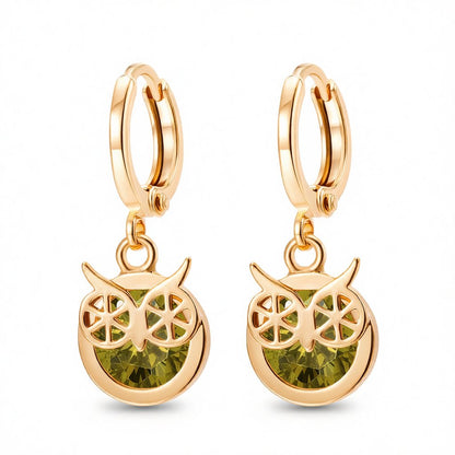 Green Cubic Zirconia and 18K Gold-Plated Owl Bezel Drop Earrings, gold huggie earrings, elegant gift for her, side view