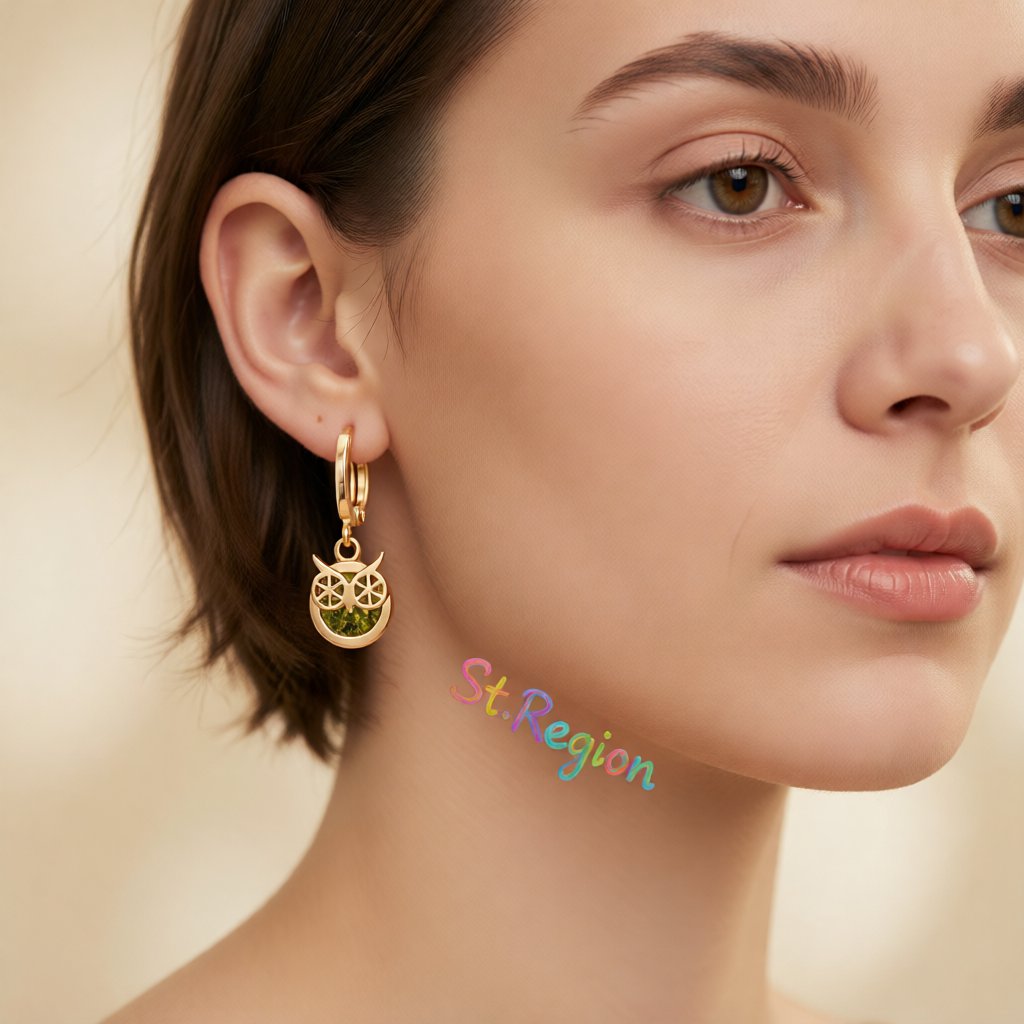 Green Cubic Zirconia and 18K Gold-Plated Owl Bezel Drop Earrings, gold huggie earrings, elegant gift for her, styled look