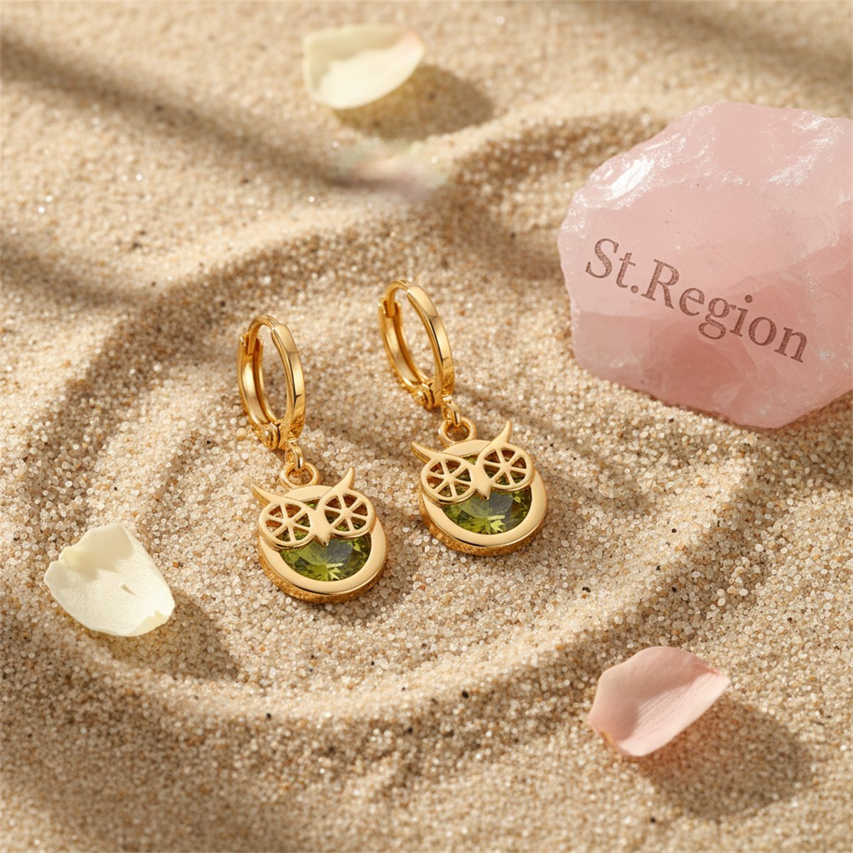 Green Cubic Zirconia and 18K Gold-Plated Owl Bezel Drop Earrings, gold huggie earrings, elegant gift for her, detail close-up
