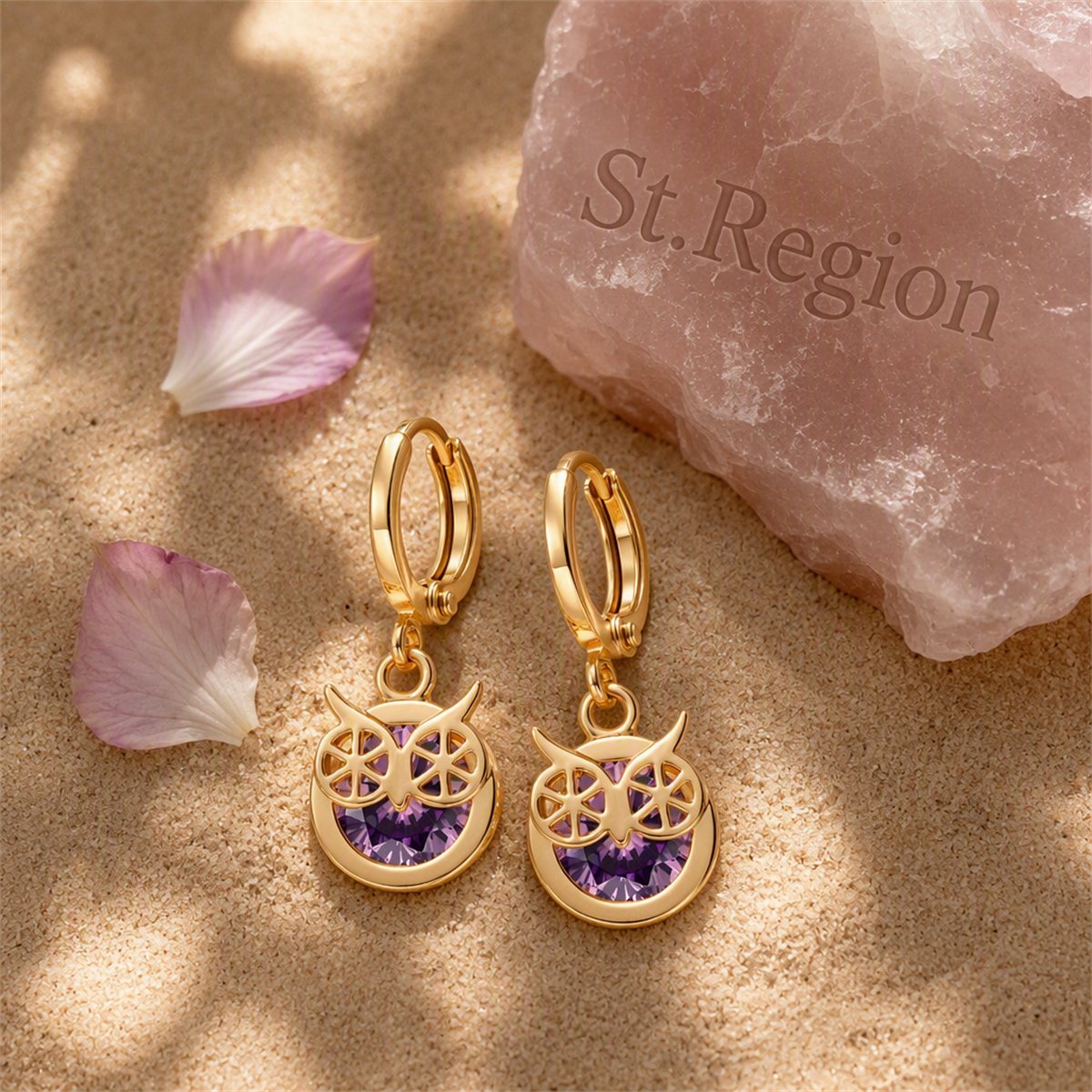 Purple Cubic Zirconia and 18K Gold-Plated Owl Bezel Drop Earrings, gold huggie earrings, detail close-up