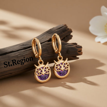 Purple Cubic Zirconia and 18K Gold-Plated Owl Bezel Drop Earrings, gold huggie earrings, vintage-inspired design, front view