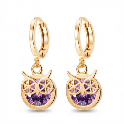 Purple Cubic Zirconia and 18K Gold-Plated Owl Bezel Drop Earrings, gold huggie earrings, vintage-inspired design, side view