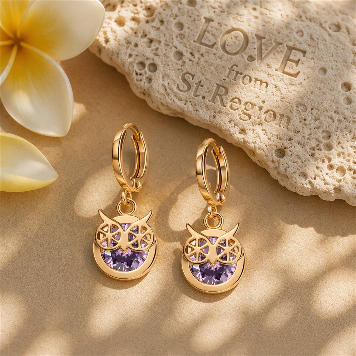 Purple Cubic Zirconia and 18K Gold-Plated Owl Bezel Drop Earrings, gold huggie earrings, lifestyle look