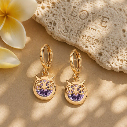 Purple Cubic Zirconia and 18K Gold-Plated Owl Bezel Drop Earrings, gold huggie earrings, lifestyle look