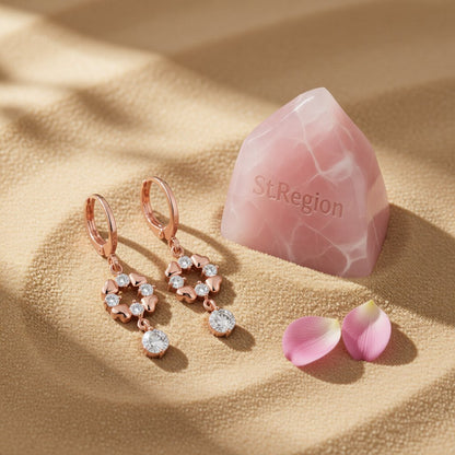 Cubic Zirconia and 18K Rose Gold-Plated Geometric Drop Earrings, rose gold huggie earrings, detail close-up