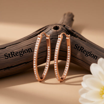 Cubic Zirconia and 18K Rose Gold-Plated Hoop Earrings, rose gold hoop earrings for women, everyday style, front view