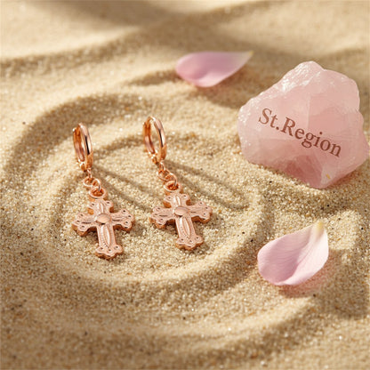 18K Rose Gold-Plated Cross Drop Earrings, rose gold huggie earrings, vintage-inspired design, detail close-up