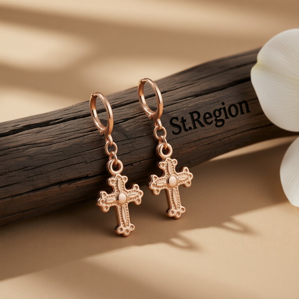 18K Rose Gold-Plated Cross Drop Earrings, rose gold huggie earrings, vintage-inspired design, front view