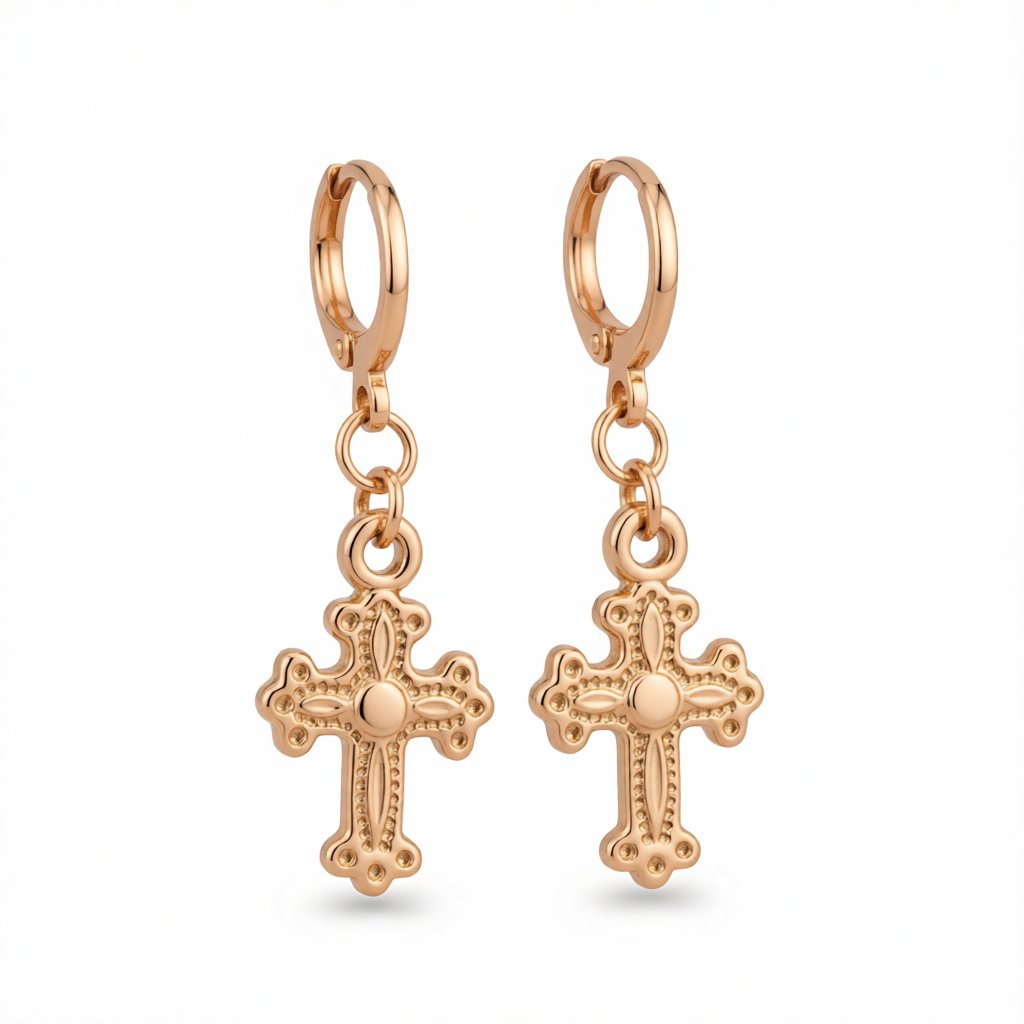 18K Rose Gold-Plated Cross Drop Earrings, rose gold huggie earrings, vintage-inspired design, side view