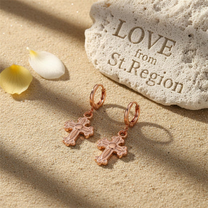 18K Rose Gold-Plated Cross Drop Earrings, rose gold huggie earrings, vintage-inspired design, lifestyle look