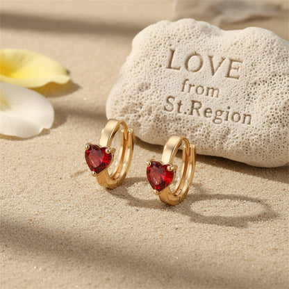 Red Crystal and 18K Gold-Plated Heart Huggie Earrings, gold huggie earrings, elegant gift for her, lifestyle look