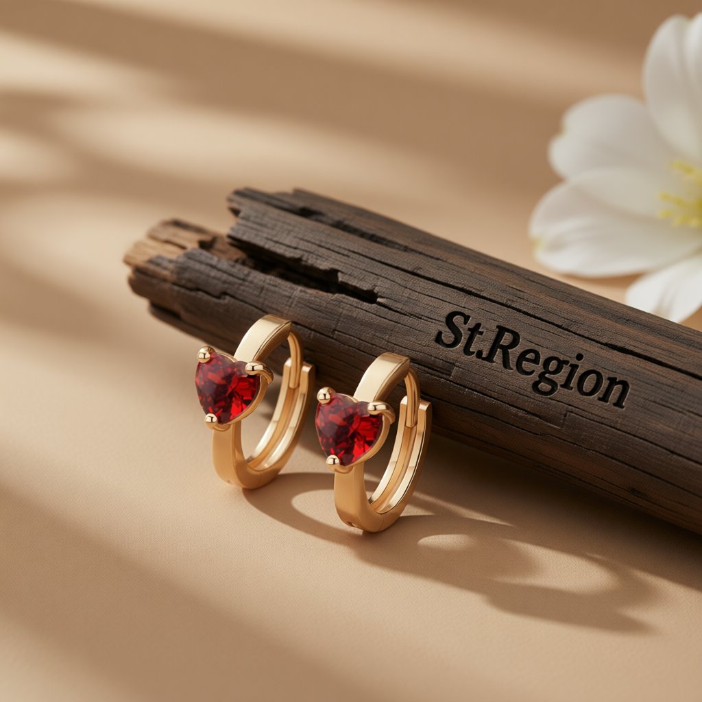 Red Crystal and 18K Gold-Plated Heart Huggie Earrings, gold huggie earrings, elegant gift for her, front view