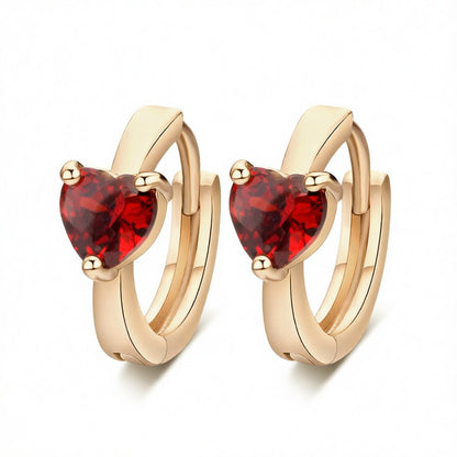 Red Crystal and 18K Gold-Plated Heart Huggie Earrings, gold huggie earrings, elegant gift for her, side view