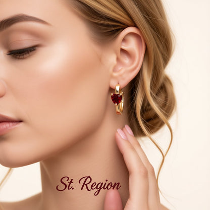 Red Crystal and 18K Gold-Plated Heart Huggie Earrings, gold huggie earrings, elegant gift for her, styled look