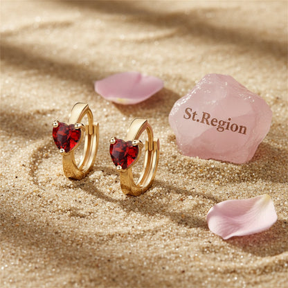 Red Crystal and 18K Gold-Plated Heart Huggie Earrings, gold huggie earrings, elegant gift for her, detail close-up