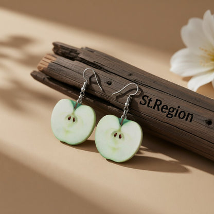 Green Acrylic and Silver-Plated Apple Drop Earrings, silver drop earrings for women, dainty minimalist design, front view