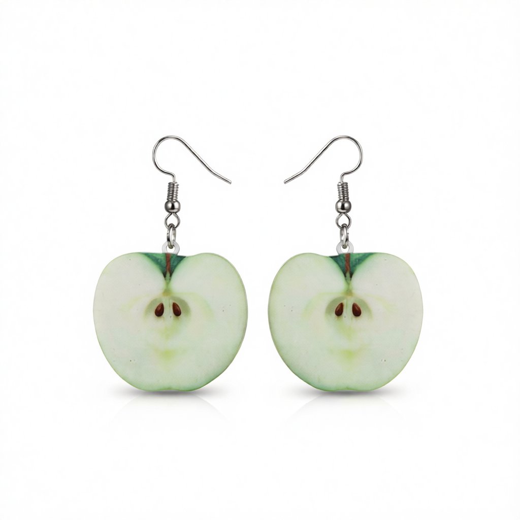 Green Acrylic and Silver-Plated Apple Drop Earrings, silver drop earrings for women, dainty minimalist design, side view