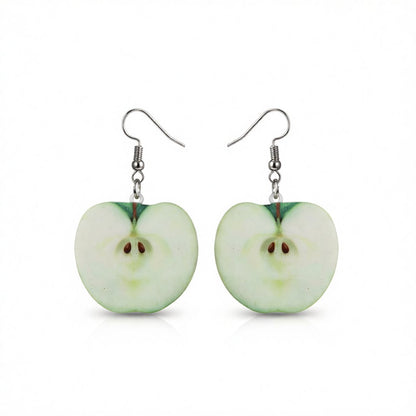 Green Acrylic and Silver-Plated Apple Drop Earrings, silver drop earrings for women, dainty minimalist design, side view