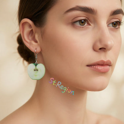 Green Acrylic and Silver-Plated Apple Drop Earrings, silver drop earrings for women, dainty minimalist design, styled look