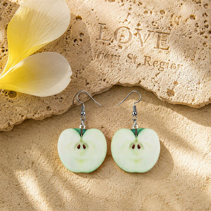 Green Acrylic and Silver-Plated Apple Drop Earrings, silver drop earrings for women, dainty minimalist design, lifestyle look