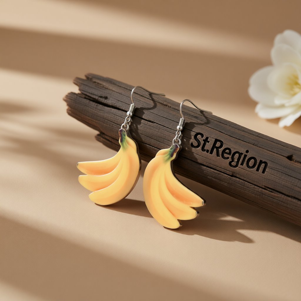 Yellow Acrylic and Silver-Plated Banana Drop Earrings, silver drop earrings for women, botanical inspired, front view