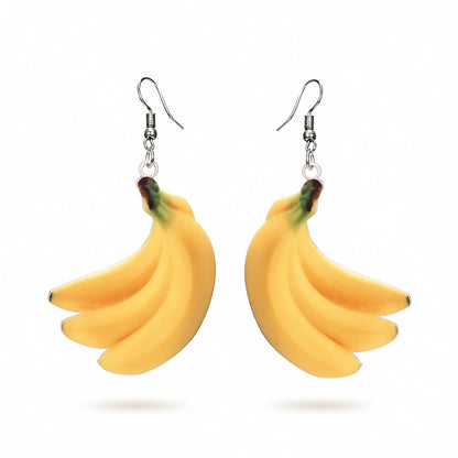 Yellow Acrylic and Silver-Plated Banana Drop Earrings, silver drop earrings for women, botanical inspired, side view