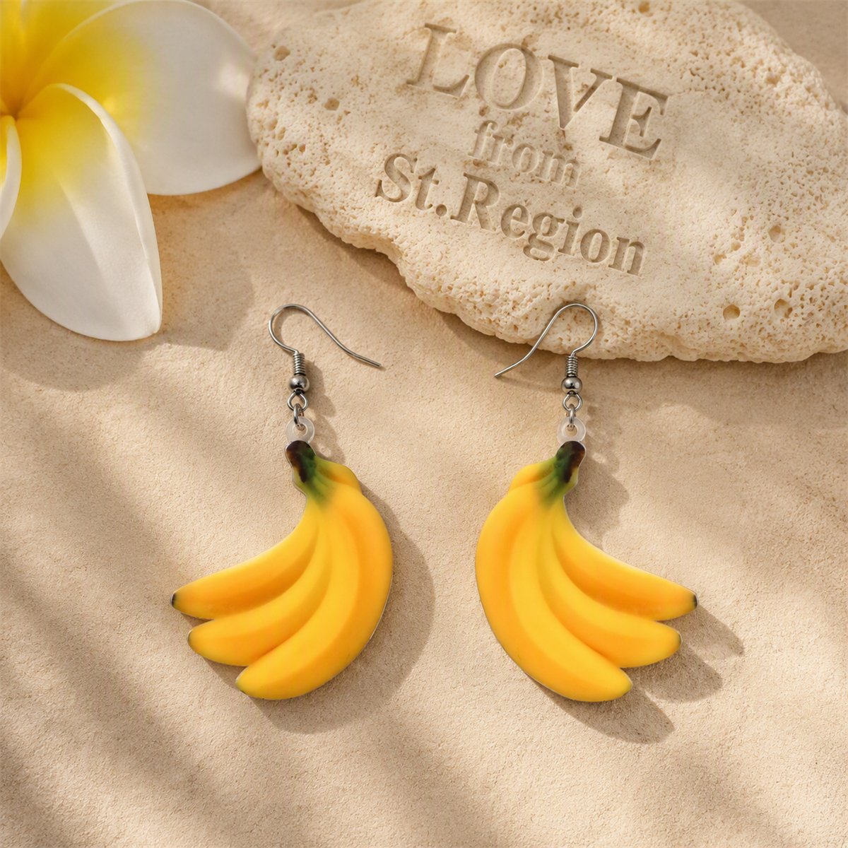 Yellow Acrylic and Silver-Plated Banana Drop Earrings, silver drop earrings for women, botanical inspired, lifestyle look