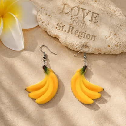 Yellow Acrylic and Silver-Plated Banana Drop Earrings, silver drop earrings for women, botanical inspired, lifestyle look